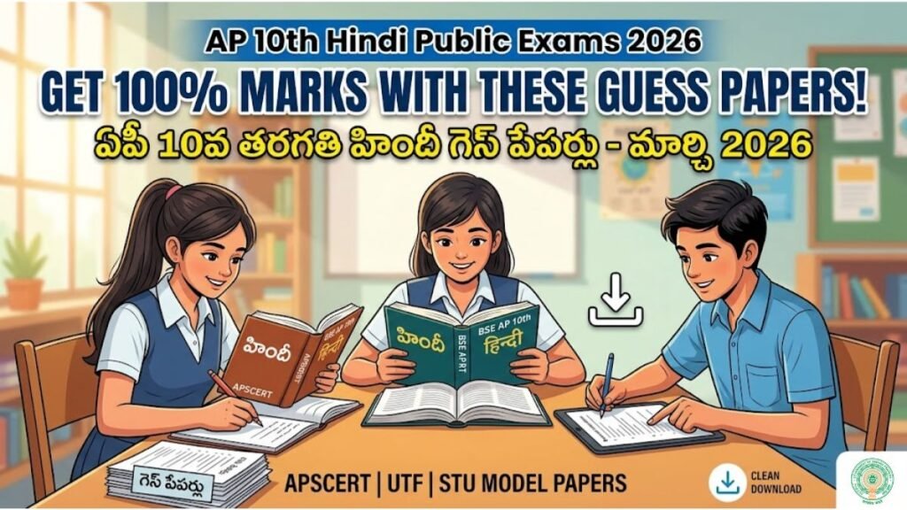 ఏపీ 10వ తరగతి హిందీ పబ్లిక్ పరీక్షలు 2026: 100 మార్కులు సాధించేలా APSCERT, UTF మరియు STU గెస్ పేపర్లు! | APSCERT 10th Hindi 2026 Guess Papers 2026 APSCERT UTF STU 6 APSCERT 10th Hindi 2026 Guess Papers 2026 APSCERT UTF STU