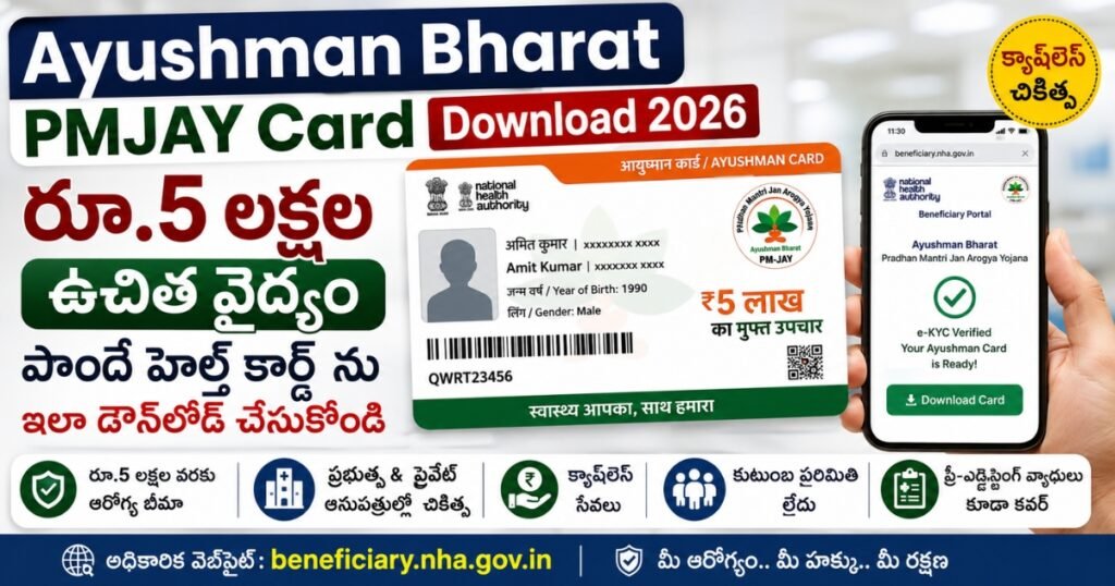 Ayushman Bharat PMJAY Card Download 2026 పోస్టర్ - రూ.5 లక్షల వరకు ఉచిత వైద్యం పొందేందుకు PMJAY హెల్త్ కార్డ్‌ను ఆన్‌లైన్‌లో డౌన్‌లోడ్ చేసే విధానం
