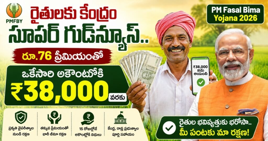 PM Fasal Bima Yojana 2026: రైతులకు కేంద్రం సూపర్ గుడ్న్యూస్.. రూ.76 ప్రీమియంతో ఒకేసారి అకౌంట్లోకి ₹38,000 PM Fasal Bima Yojana 2026 పథకంలో రైతు సంతోషంగా నగదు పట్టుకుని ఉండగా, నరేంద్ర మోదీ చిత్రం, రూ.76 ప్రీమియంతో ₹38,000 వరకు బీమా కవరేజ్ వివరాలు చూపిస్తున్న పోస్టర్.