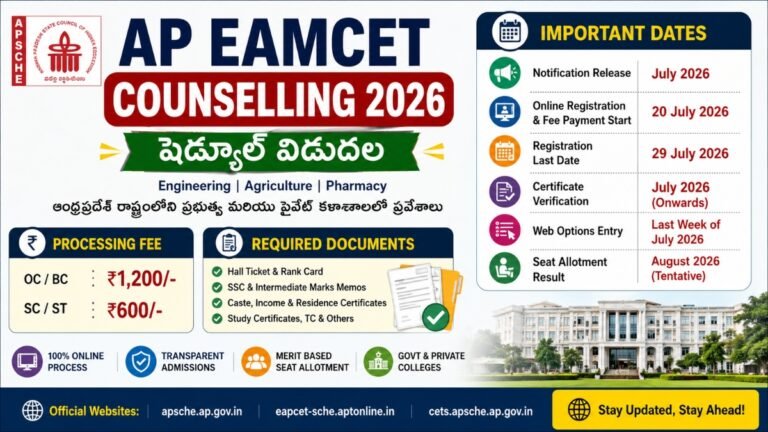 AP EAMCET Counselling 2026 షెడ్యూల్ విడుదల – తేదీలు, ఫీజు, అవసరమైన సర్టిఫికేట్లు పూర్తి వివరాలు | AP EAMCET Counselling 2026: Dates, Fees & Certificates