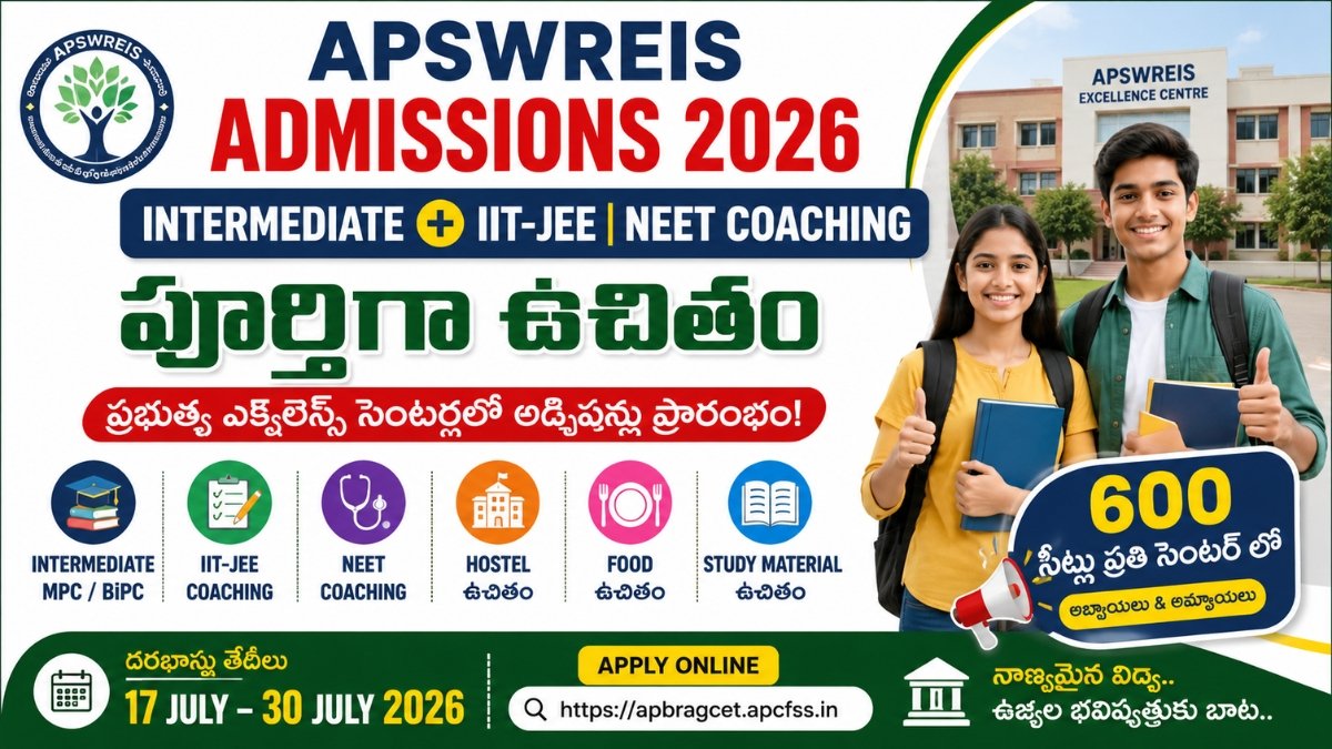 APSWREIS Admissions 2026 Free IIT JEE NEET Coaching with Free Hostel and Food for Intermediate Students in Andhra Pradesh