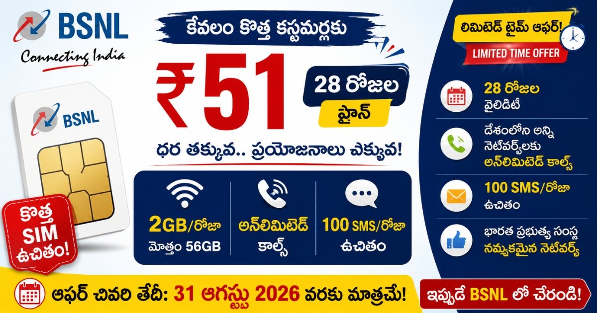 BSNL Rs 51 Offer 2026 BSNL Rs 51 Offer 28 రోజుల వ్యాలిడిటీతో రోజుకు 2GB డేటా ప్లాన్