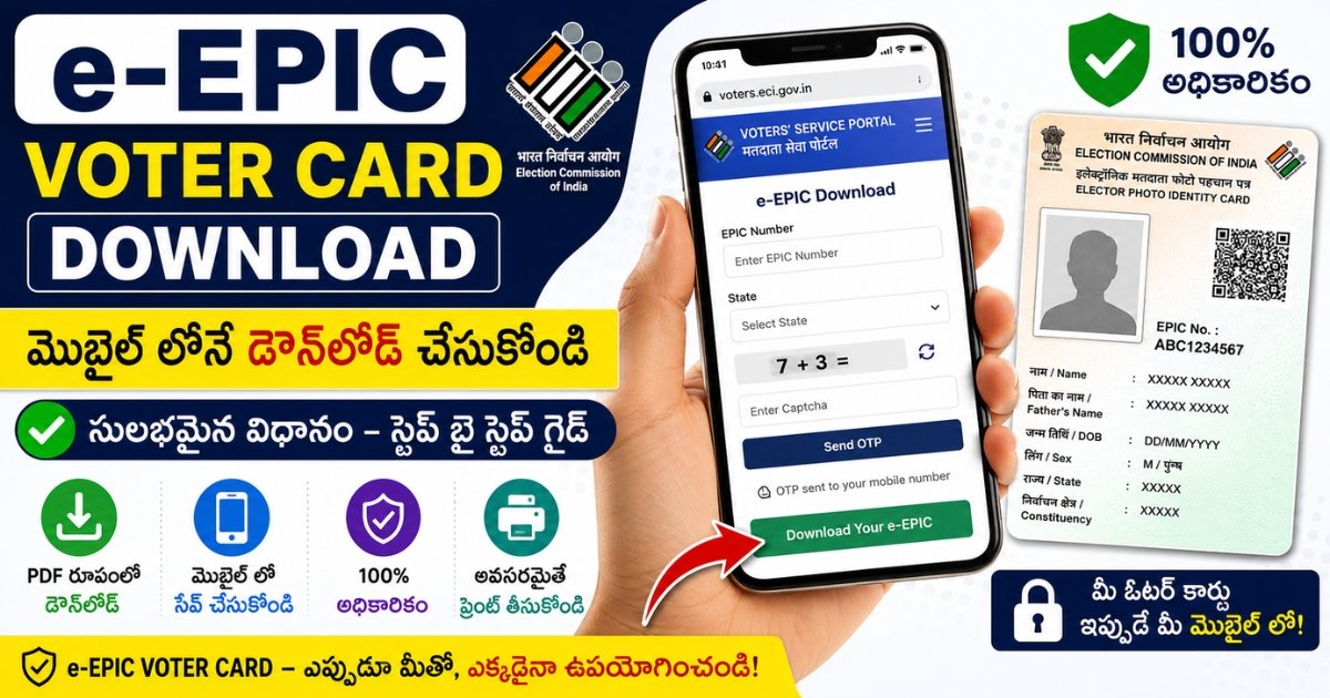 e-EPIC Voter Card Download అధికారిక స్టెప్ బై స్టెప్ విధానాన్ని చూపించే సమాచార చిత్రం