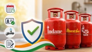 Gas Cylinders కొత్త నిబంధనలు, LPG బుకింగ్ వెయిటింగ్ రూల్స్, KYC మరియు సరెండర్ గైడ్ వివరాలను చూపించే చిత్రం.