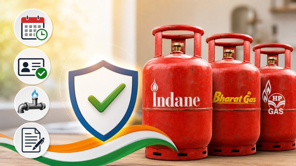 Gas Cylinders కొత్త నిబంధనలు, LPG బుకింగ్ వెయిటింగ్ రూల్స్, KYC మరియు సరెండర్ గైడ్ వివరాలను చూపించే చిత్రం.
