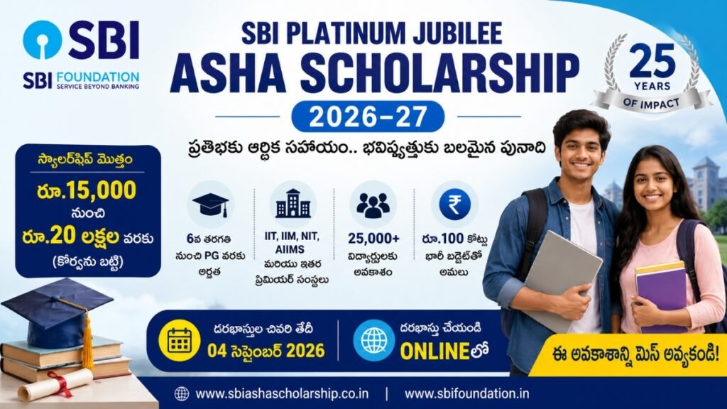 SBI Asha Scholarship 2026 ద్వారా రూ.15,000 నుంచి రూ.20 లక్షల వరకు విద్యార్థులకు స్కాలర్‌షిప్ వివరాలు