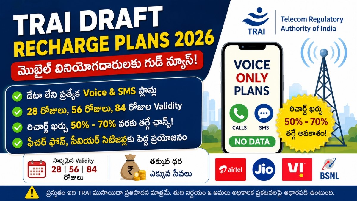 TRAI Draft Recharge Plans ద్వారా Voice Only మరియు SMS రీఛార్జ్ ప్లాన్లపై వివరాలను చూపించే సమాచారం