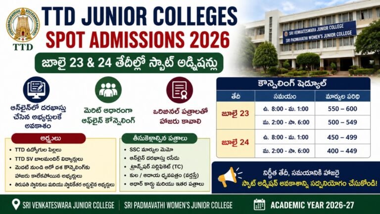TTD Junior Colleges Spot Admissions 2026: జూలై 23, 24న స్పాట్ అడ్మిషన్లు – అర్హత, కౌన్సెలింగ్ షెడ్యూల్ పూర్తి వివరాలు 6 TTD Junior Colleges Spot Admissions 2026: జూలై 23, 24న స్పాట్ అడ్మిషన్లు – అర్హత, కౌన్సెలింగ్ షెడ్యూల్ పూర్తి వివరాలు
