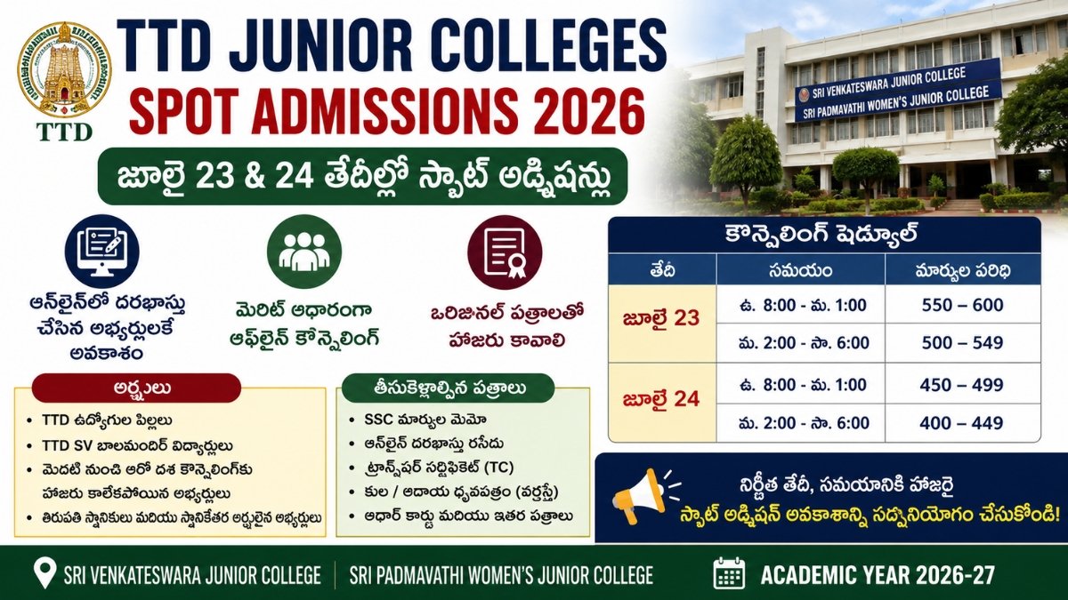 TTD Junior Colleges Spot Admissions 2026 జూలై 23, 24 కౌన్సెలింగ్ షెడ్యూల్ మరియు అర్హత వివరాల పోస్టర్