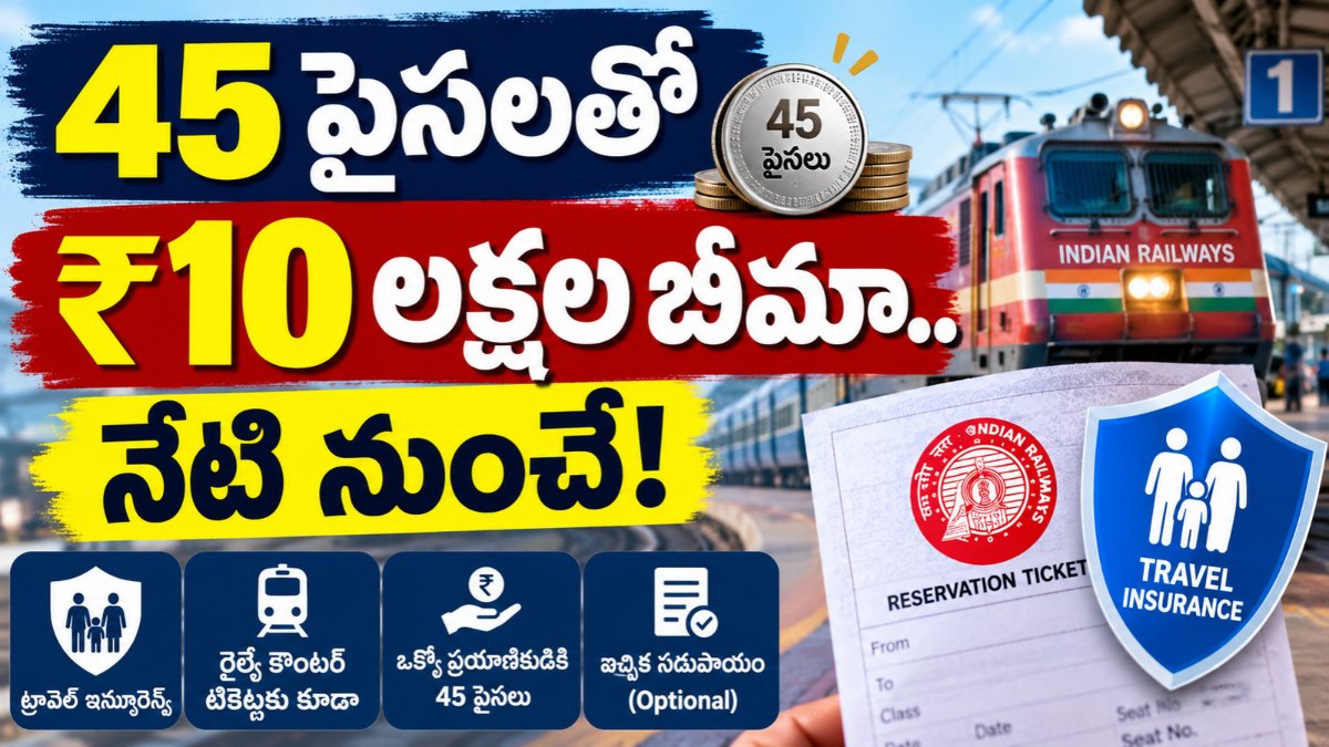 Indian Railway Travel Insurance graphic highlighting ₹10 lakh coverage for a 45-paise premium, with an Indian train and reservation ticket.
