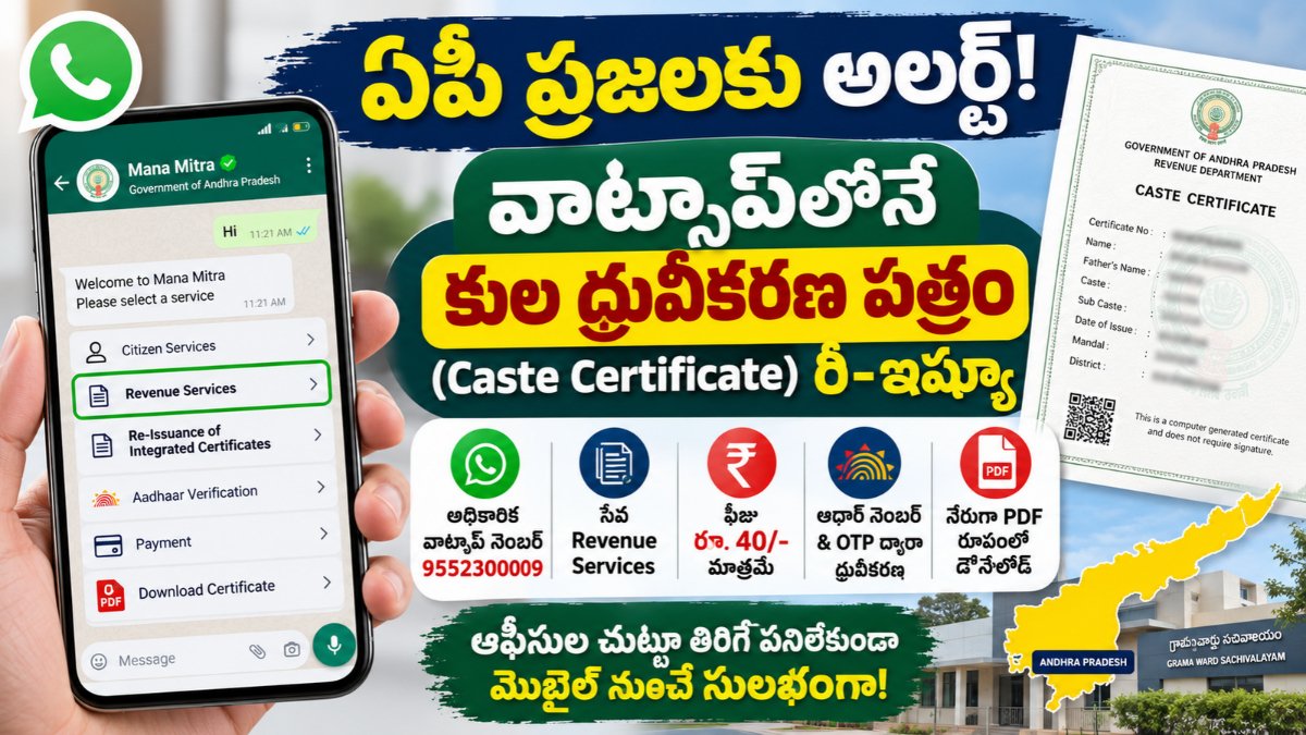 ఏపీ ప్రజలకు గుడ్ న్యూస్.. వాట్సాప్లోనే కుల ధ్రువీకరణ పత్రం! ఫీజు రూ.40 మాత్రమే | Caste Certificate Re-Issue via WhatsApp in AP - GSWS Helper 3 Andhra Pradesh Caste Certificate Re-Issue through Mana Mitra WhatsApp services
